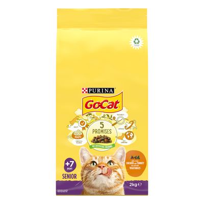 Go Cat Senior -ruoka, kanaa, riisiä ja vihanneksia