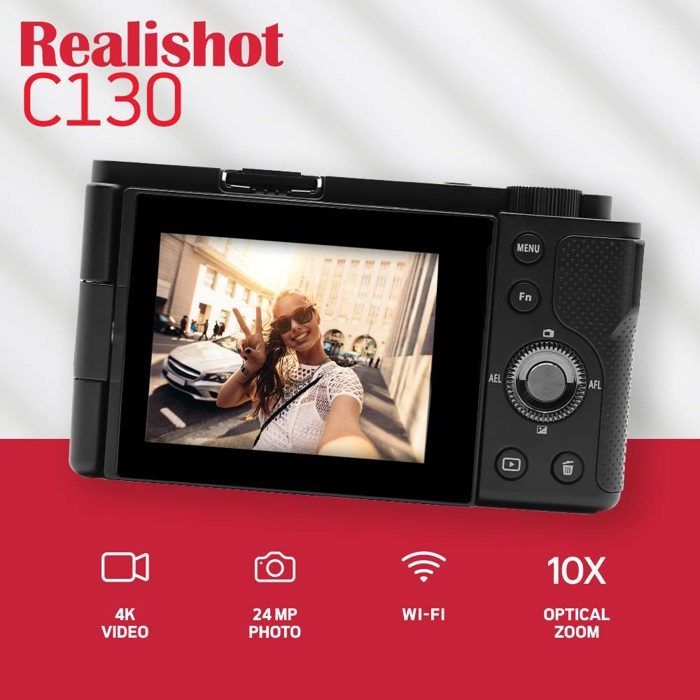 AGFAPHOTO Realishot C130 – Kompakte Digitalkamera, Blende f/1.8–2.6, ISO 100–3200, Autofokus, LCD-Bildschirm – Schwarz