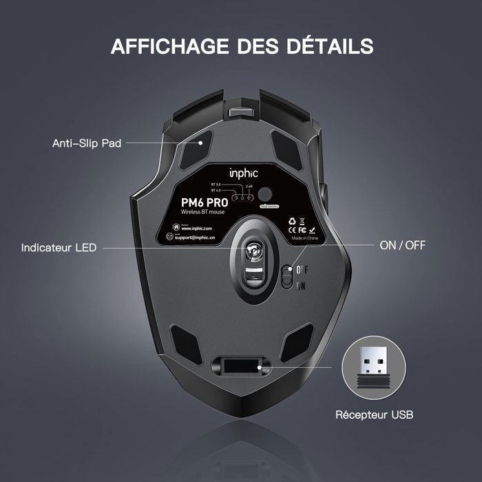 BRILLSTEN Tri-mode Rechargeable Wireless Mouse (BT5.0/BT4.0/2.4GHz), Silent, Battery Indicator, Type-C, Black