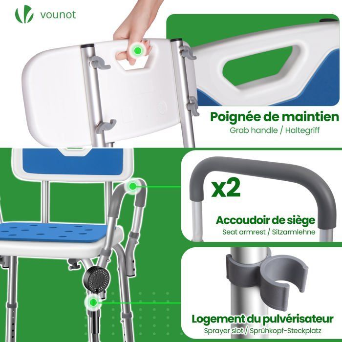 VOUNOT® Duschstuhl mit Rücken- und Armlehnen – Höhenverstellbar – Rutschfeste Füße – Sitzfläche aus Aluminium-HDPE – Blau