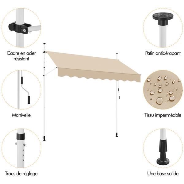 Yaheetech Beige Zonnescherm 250 x 120 cm - In hoogte en kantelhoek verstelbaar - Balkon, Terras, Tuin