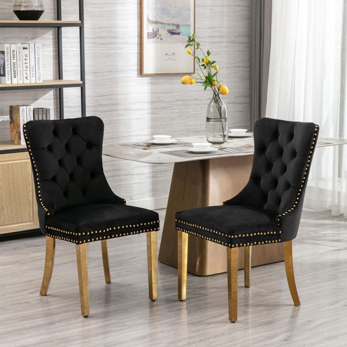 Lot de 2 Chaise de Salle à Manger en Velours Rembourré - Style Contemporain - Pieds en Acier Inoxydable Plaqué - Noir et Or
