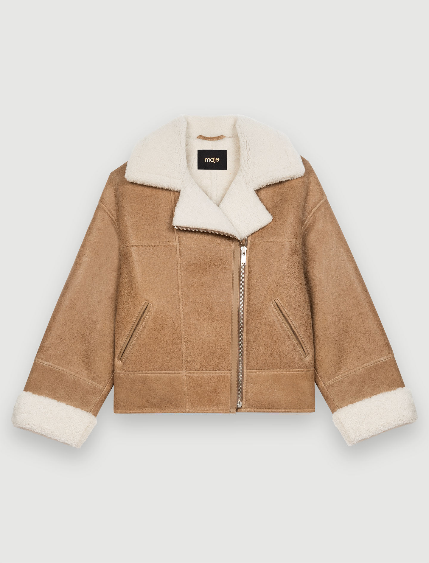 Palton din shearling bicolor, culoarea cămilei
