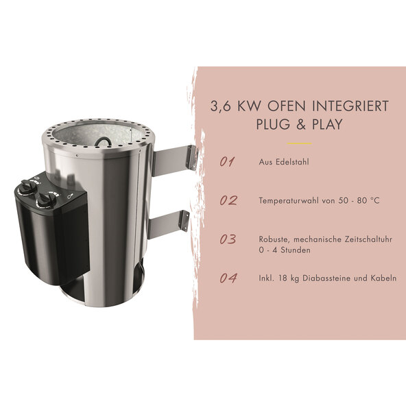 Sauna Ida 1 med varmeovn, 3,6 kW, naturlig finish