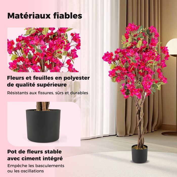 Arbre Artificielle Interieur Bougainvillier -RELAX4LIFE - Lot de 2 - 120CM - 360 Fleurs - 40 Feuilles - 3 Branches - 2 Rotins -Rose