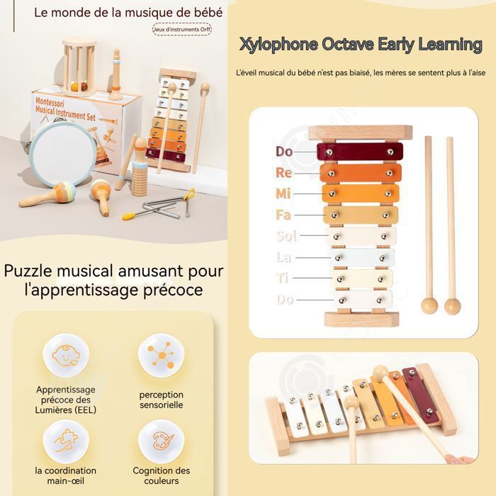 montessori 7 pièces ensemble d'instruments de musique en bois pour enfants jouets musique et reconnaissance des couleurs