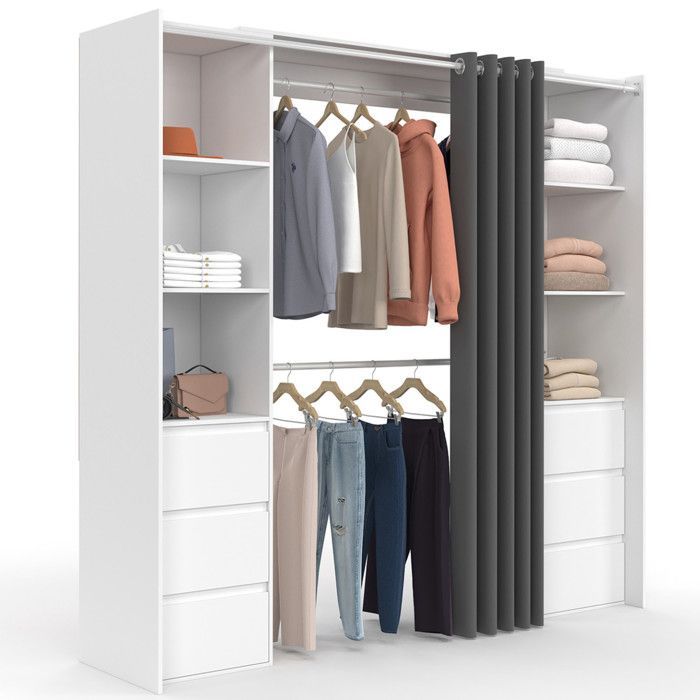 IDMARKET MERYL Guarda-roupa duplo extensível branco de 120/180 cm com 6 gavetas + prateleiras + cabideiro duplo + cortina cinza