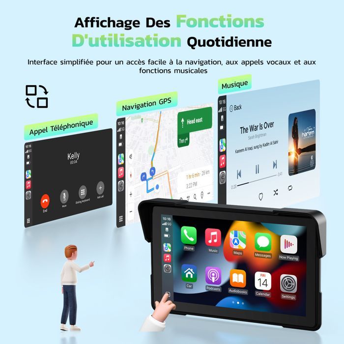 Radio para coche CAMPARK de 7'' con CarPlay para motocicletas, pantalla táctil, resistente al agua IP67, compatible con Apple CarPlay y Android Auto, inalámbrica Bluetooth/WIFI/GPS.