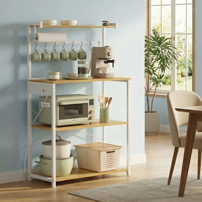 Mobile contenitore da cucina con ripiano regolabile, 8 ganci, angolo caffè, 4 ripiani, bianco e rovere.