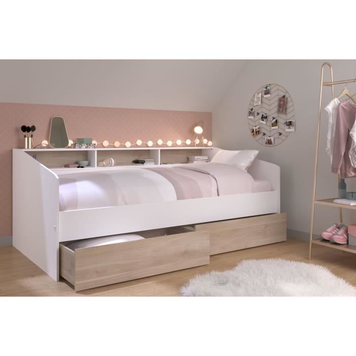 Lit banquette 2 tiroirs 90 x 200/190 cm - MDF - Mat décor chêne et blanc - JOY - 2339ENSE
