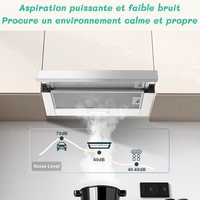 Uitschuifbare afzuigkap - Klasse A+++ - 60 cm - 400 m³/u - 2 snelheden - LED-verlichting - met koolstoffilter - afzuigkap