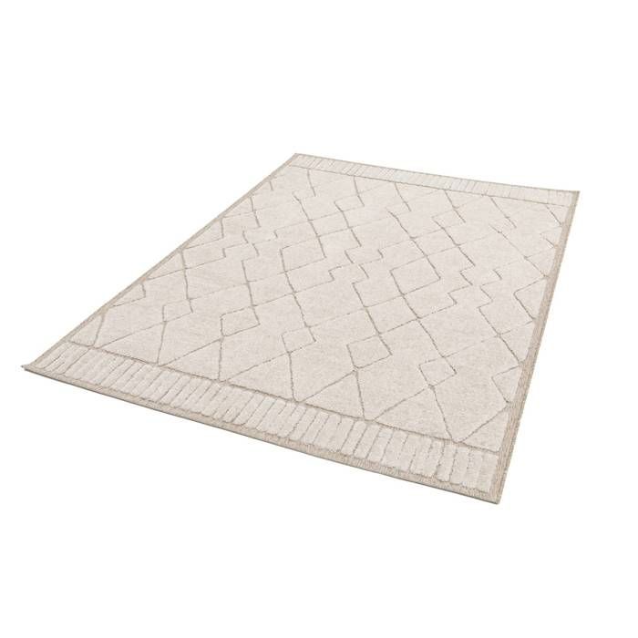 Alfombra de interior con estampado étnico bereber, 160x230 cm, pelo corto, color beige y crema.