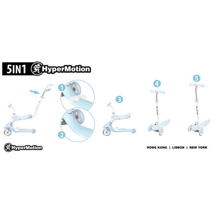 Monopattino/bicicletta senza pedali convertibile 5 in 1 HyperMotion per bambini fino a 50 kg - Maniglione, poggiapiedi, sedile e manubrio regolabili - Certificato CE, blu