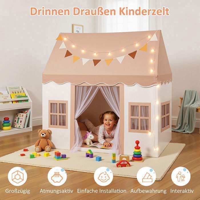 Tenda da gioco per bambini, casetta da interno con tappeto e luci decorative da 3 m, 3 finestre - per bambini dai 3 ai 13 anni - color kaki