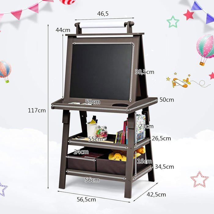 GOPLUS Tableau Enfant Noir/Blanc Magnétique 59x50x117CM,Chevalet Double Face avec Rouleau de Papier et Boîtes de Rangement,Marron