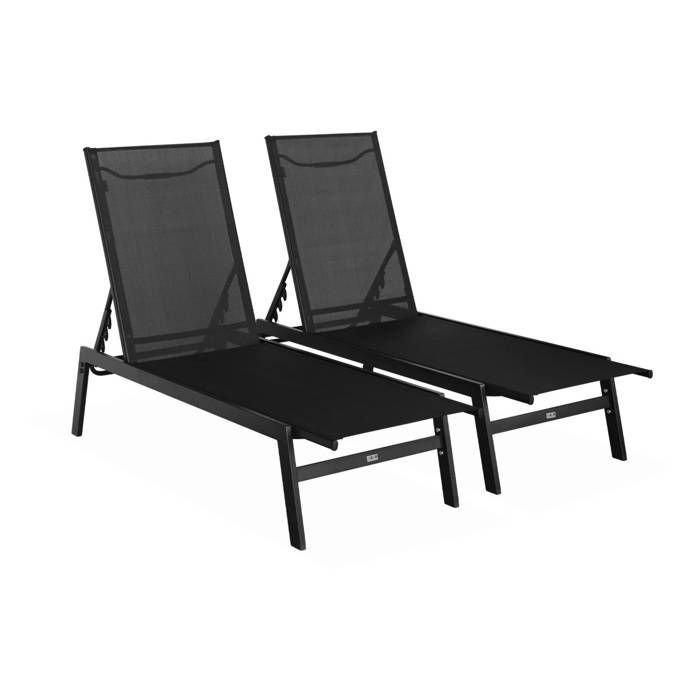 Set di 2 lettini prendisole neri. 5 posizioni. Realizzati in textilene e metallo. FLORA. L155 x P59 x H106 cm