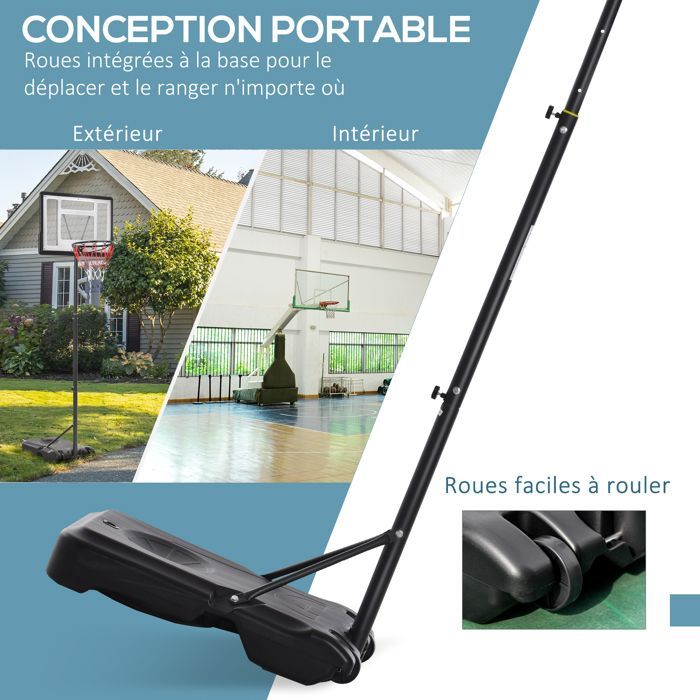 Aro de baloncesto independiente - HOMCOM - altura ajustable de 203 a 258 cm - ruedas - tablero sólido - base con peso - negro
