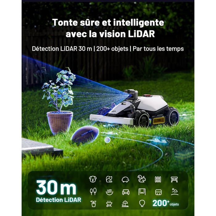 Mammotion LUBA Mini AWD LiDAR Robot Tondeuse Sans Fil Périphérique, LiDAR 3D+Vision, Jusqu’à 1500 m² , Pente 80%, avec Module 4G