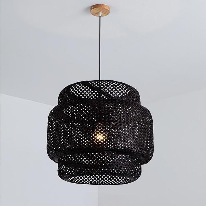 WOTTES Lustre Suspension Luminaire, Suspension Bambou Rotin, Noir, Ø30*35cm, 1PCS pour Chambre Salle à Manger Cuisine