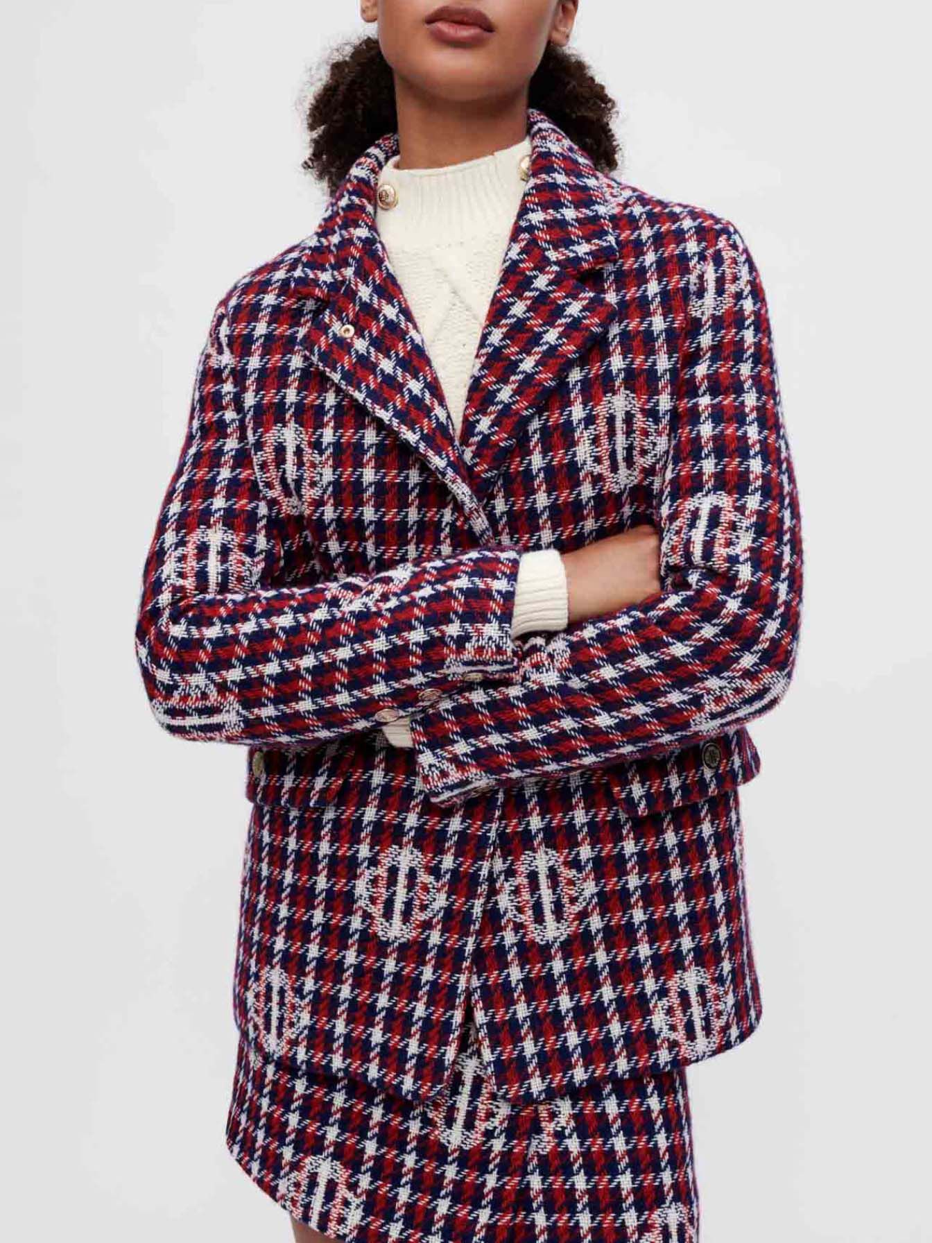 Jachetă Clover jacquard în carouri - Bleumarin/Roșu