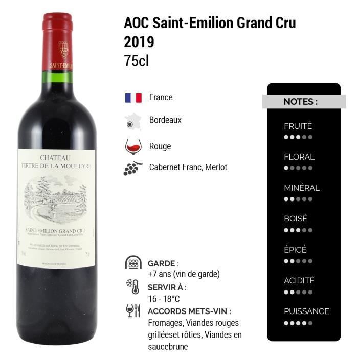 Château Tertre De La Mouleyre Rouge 2019 - Lot de 3x75cl - Vin Rouge de Bordeaux - Appellation AOC Saint-Emilion Grand Cru