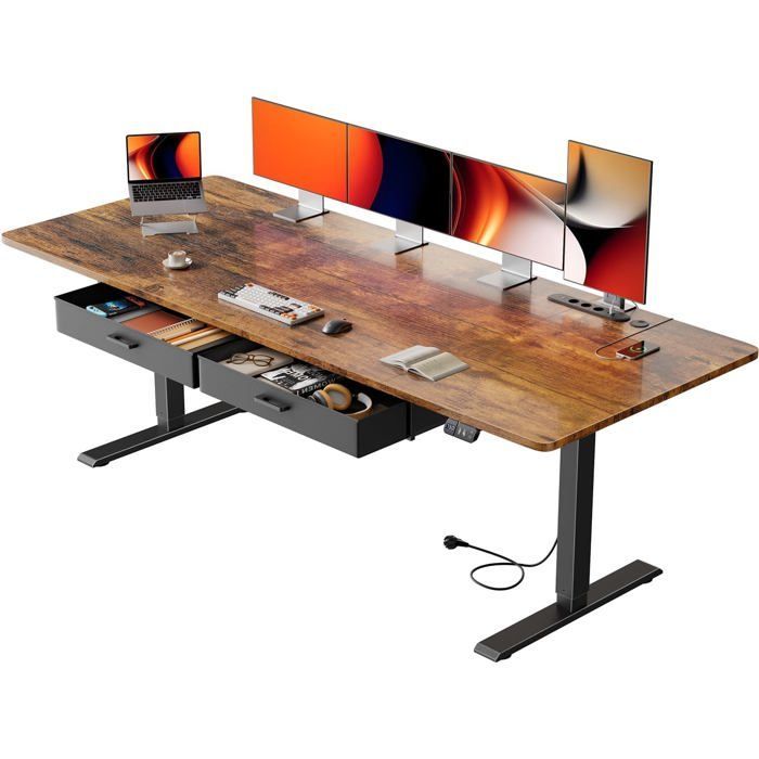 HLONONE Elektrisch zit- en sta-bureau, 200 x 80 cm, met geïntegreerd stopcontact, 2 uitneembare lades, USB-C-poort, bruin
