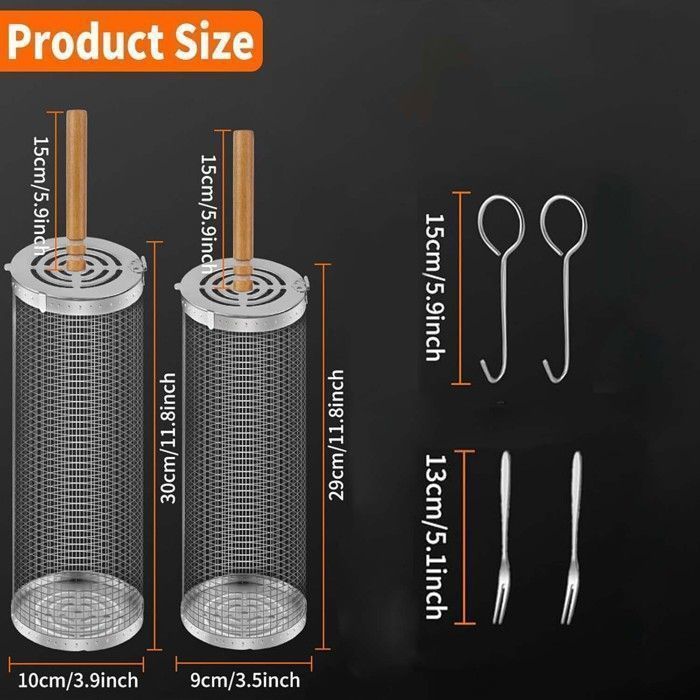 Accesorios para barbacoa - Juego de 2 cestas para barbacoa con asas de madera extraíbles, cestas cilíndricas para asar, utensilios para barbacoa