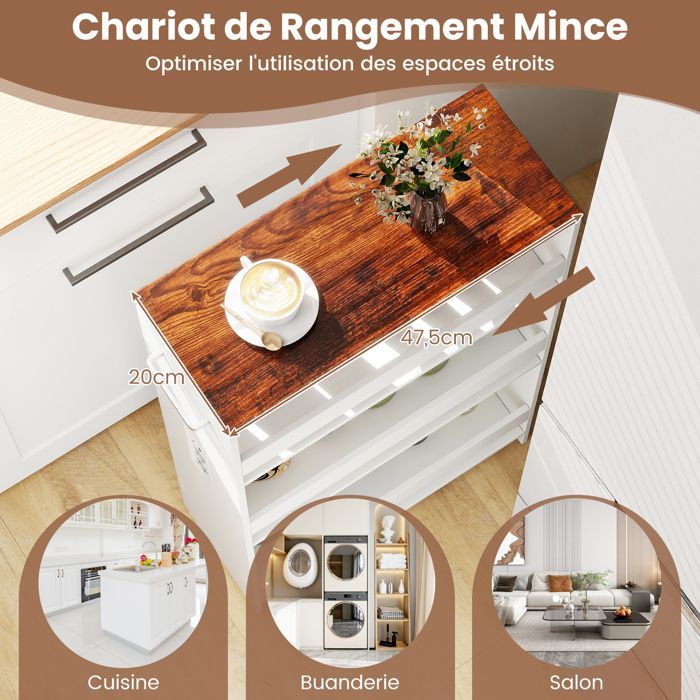 GIANTEX Desserte de Cuisine Étroit à Roulettes- 47,5x20x80,5cm- Station de Charge- Chariot de Service à 4 Niveaux- Blanc + Brun