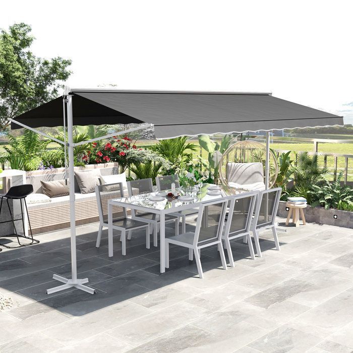 Manual retractable double-sloped awning, adjustable tilt, white epoxy-coated steel, waterproof polyester, UV-resistant, grey, dimensions