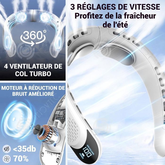 Ventilador de cuello - PASSIONOVA - INN - Batería de 4000 mAh - 3 velocidades 4800-7300 rpm - Silencioso, sin aspas