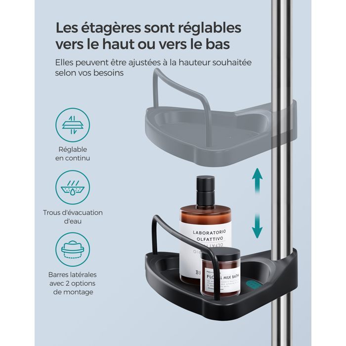 Soporte para accesorios de baño, estante de ducha de altura regulable, altura total de 95 a 300 cm, acero inoxidable, plata y negro.