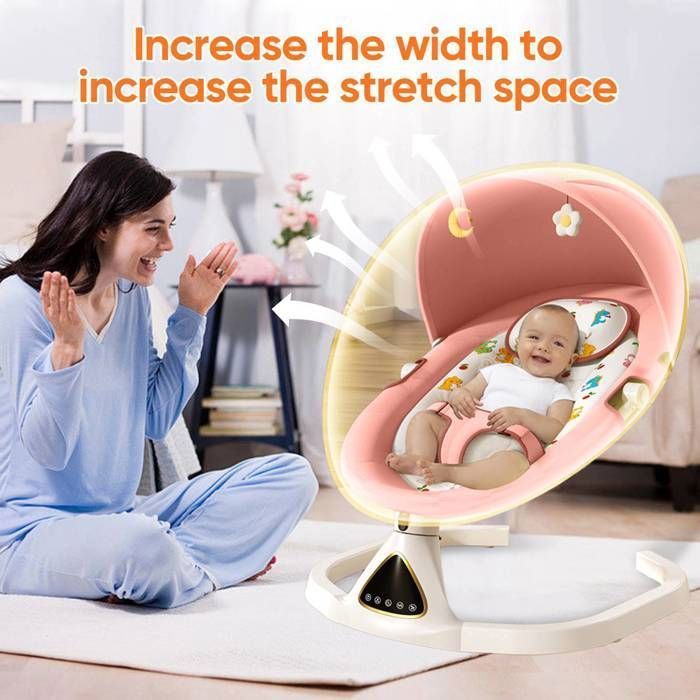 Elektrische babywipper met afstandsbediening en Bluetooth, babyschommel met 5 schommelsnelheden, boog met speelgoed en dienblad
