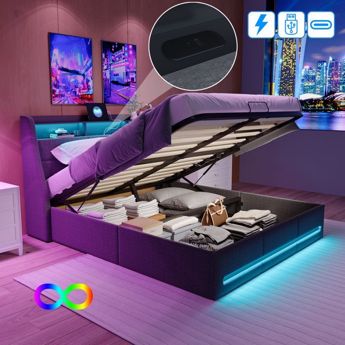Opbergbed van 140x200 cm met ledverlichting, hoofdbord met USB-poort en opbergruimte, tweepersoonsbed voor volwassenen met lattenbodem, linnen, grijs