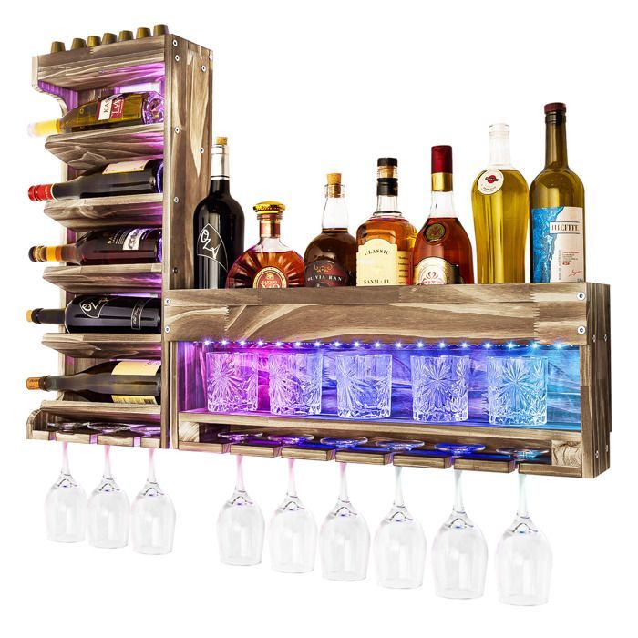 Yorbay Wall-Mounted Wine Rack with LED Lighting, Bottle Storage Shelf and Stemware Holder, Free Assembly and Combination