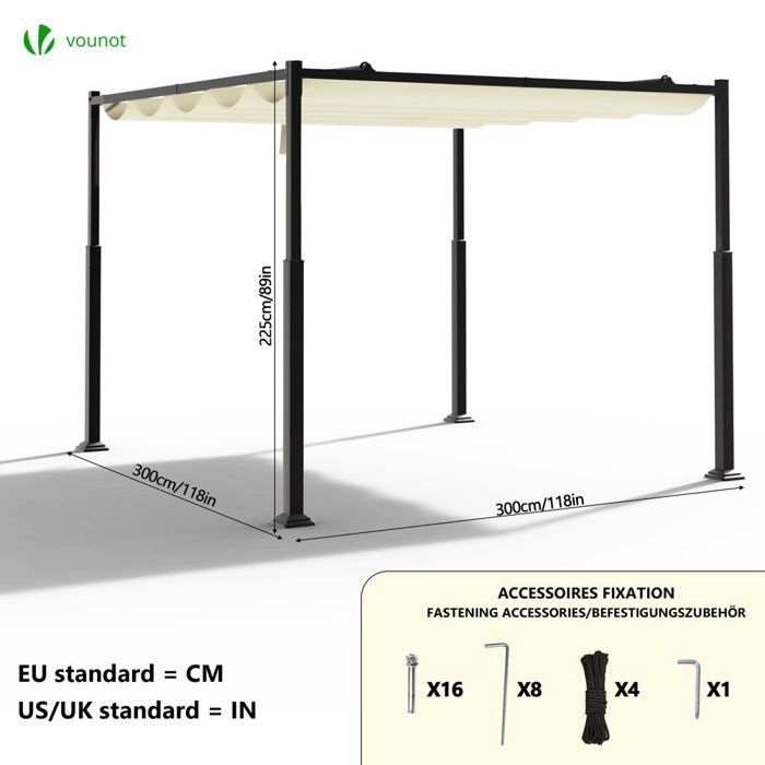 VOUNOT® Pergola rétractable 3x3m en metal et toile polyester haute densite 180 g/m² beige