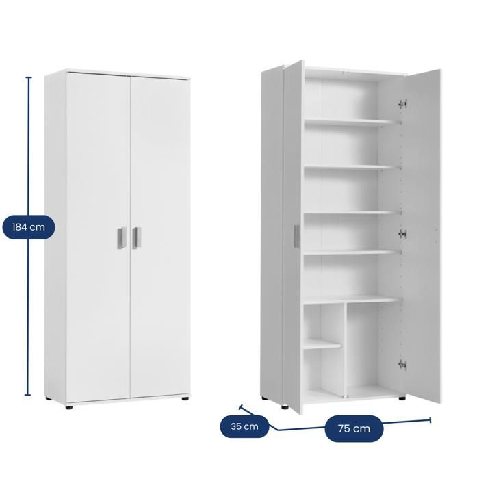 Armario de almacenamiento de 2 puertas - Armario de oficina de 6 estantes - 75x35x184 cm - Mueble de almacenamiento - Blanco