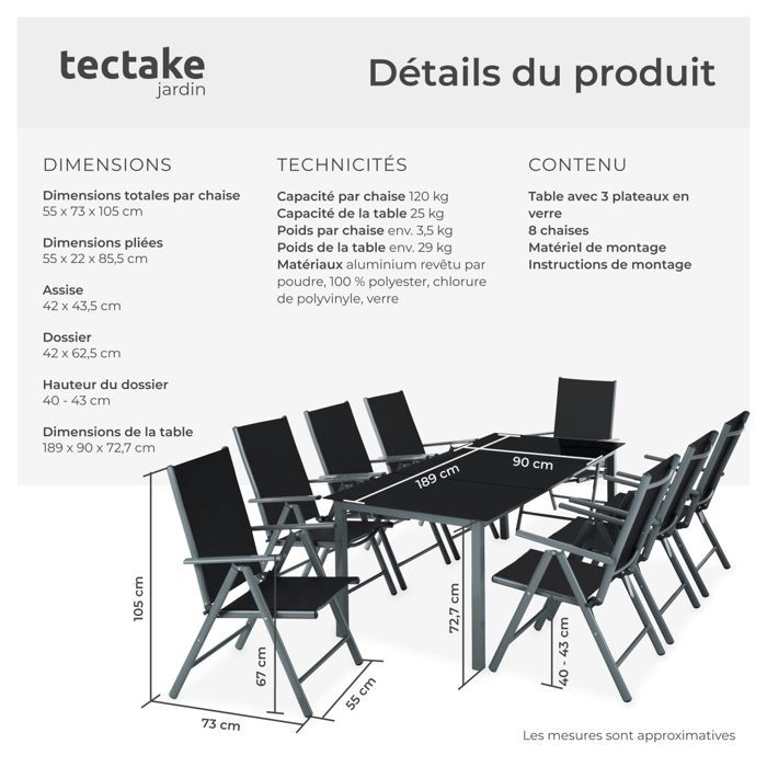 Ensemble table et chaises de jardin - TECTAKE - Ensemble de repas extérieur POMPEII pour 8 personnes - Anthracite