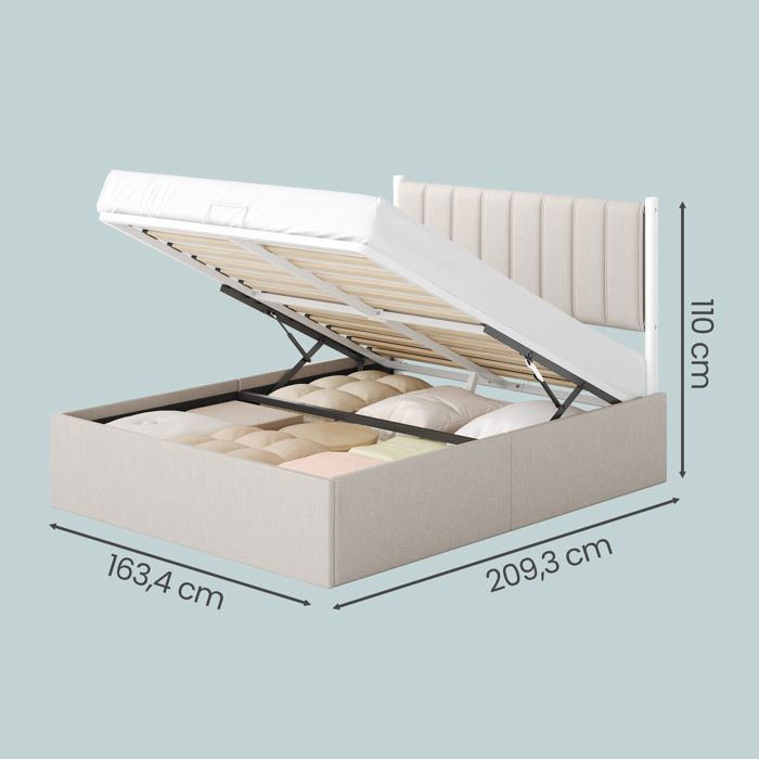 Letto matrimoniale con contenitore, base a doghe sollevabile 160 x 200 cm, struttura letto moderna, camera da letto, facile da montare, beige