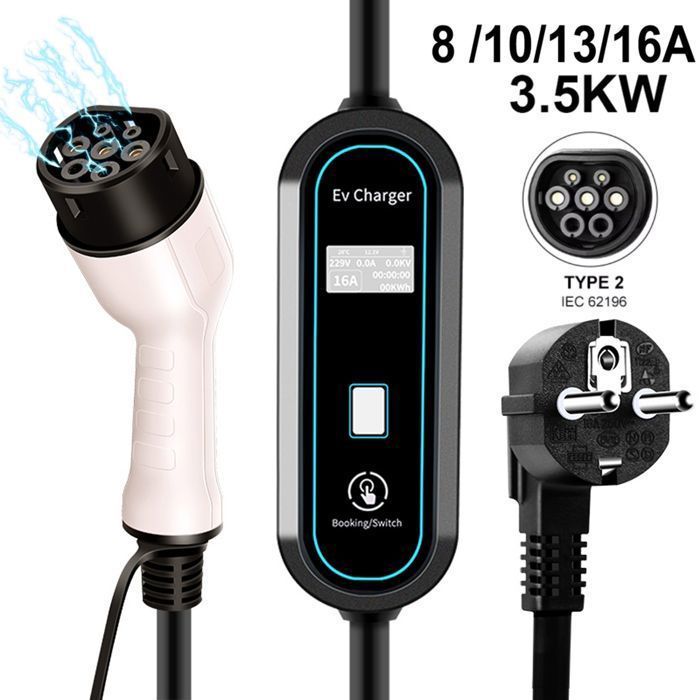 Caricabatterie di tipo 2 per veicoli elettrici, 16 A, 3,5 kW, cavo di ricarica monofase da 3,5 m, grado di protezione IP65, norma IEC 62196.