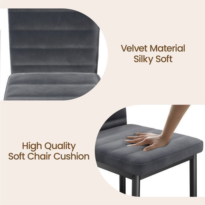 Chaise en Tissu Velours - Gris Foncé - Bealife - Patte Metal - Pied Antidérapant en Caoutchouc - Salle à Manger - Dossier - 4