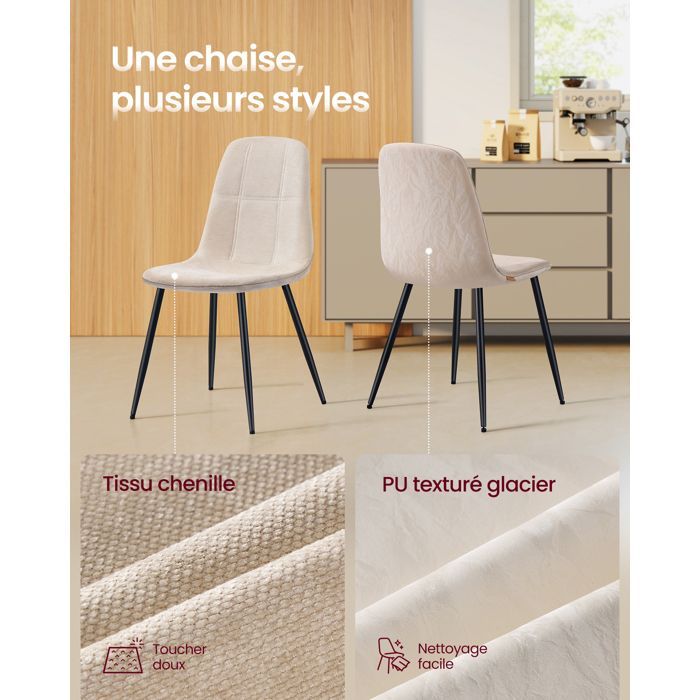 VASAGLE Dining Chairs, Set of 4, Metal Frame, Adjustable Feet, Chenille Fabric, Textured PU Leather, Cream White