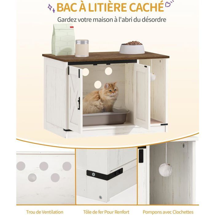 Maison de Toilette Chat, Meuble à Litière Caché avec Cloche à Chat, Maison D'intérieur pour Chats, Marron Rustique et Blanc