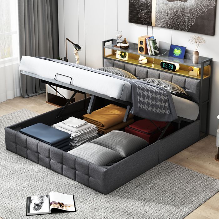 Cama con almacenamiento de 160 x 200 cm, cama de 160 x 200 con somier de láminas, cama para adultos con puerto USB y LED, estructura de cama con cabecero, color gris, lino.