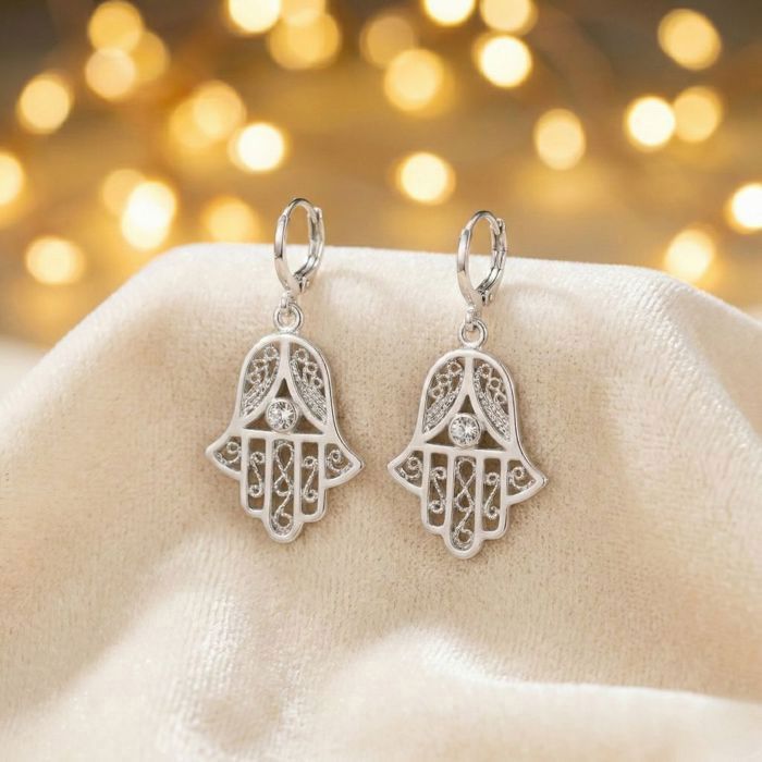 Orecchini pendenti - Mano di Fatima - Argento sterling 925 - Placcati in rodio - Donna - 42 mm