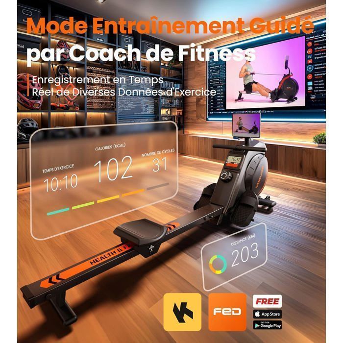 YOSUDA Rameur magnétique silencieux, 16 résistances, APP, écran LCD, 160kg, pliable. Idéal cardio maison.