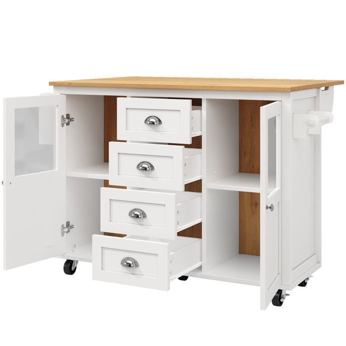 Îlot de cuisine - Blanc/Noir - Extensible - Roulettes - Porte-serviettes - Étagères réglables