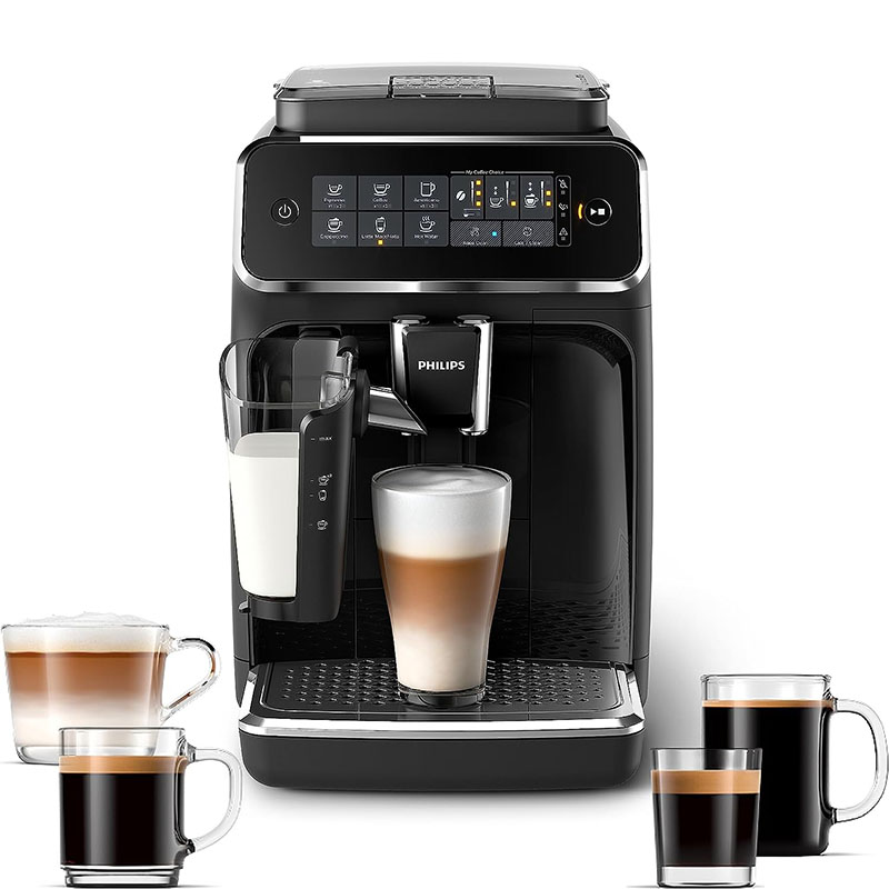 PHILIPS 3200 Serie Volautomatische Espressomachine - LatteGo Melkschuimer, 5 Koffiesoorten, Intuïtief Touchscreen, Zwart, (EP3241/54)
