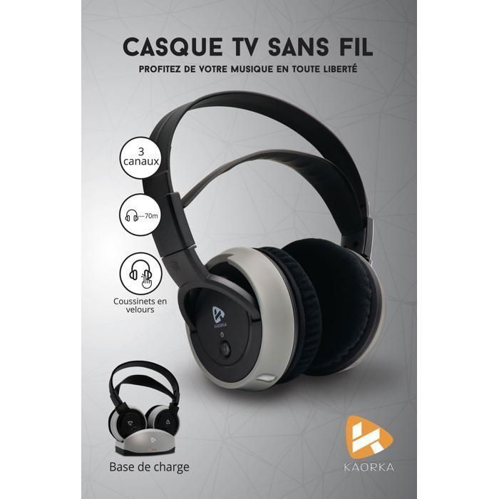 KAORKA 474079 Wireless TV Headphones - Circumaural - Volume Control - 70 Meter Range - Charging Base - Black