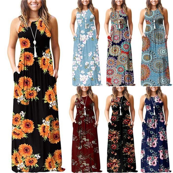 Lange, mouwloze zomerjurk met print, ronde hals en zakken voor dames - Bordeauxrood