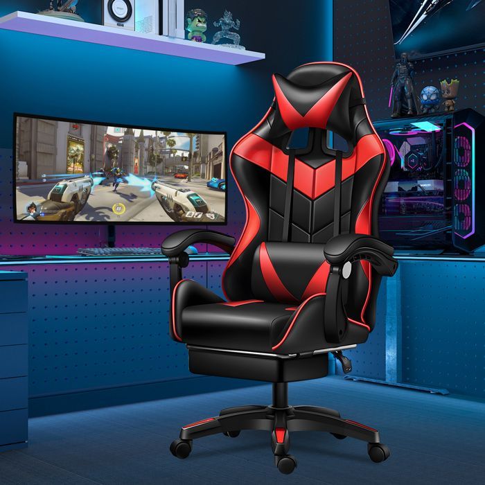 Silla gaming ergonómica, de piel sintética, altura regulable, respaldo reclinable y soporte lumbar.